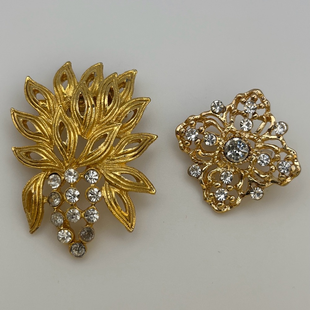 Vintage Rhinestone Gold Tone Brooch Pins Bundle of 2 Estate Costume Jewelry Lot - Picture 10 of 10